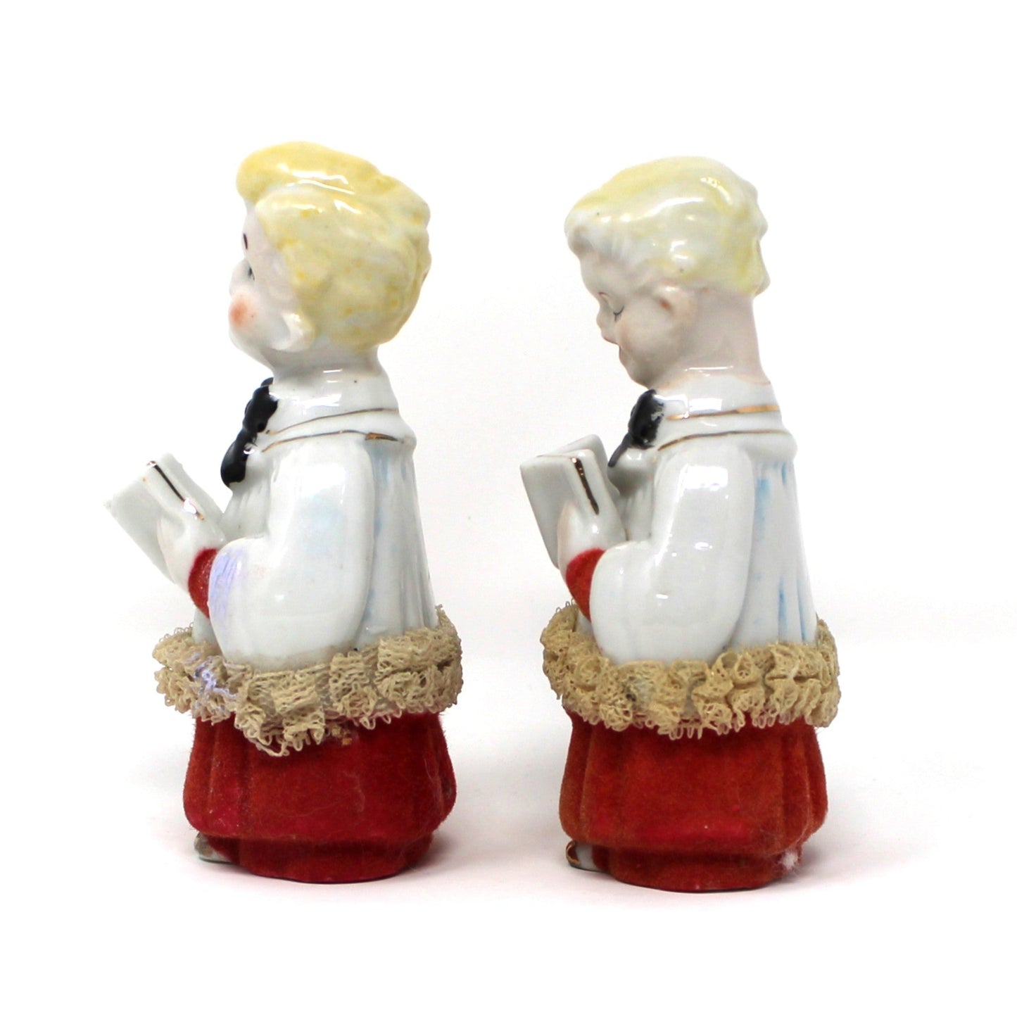Figurine, Christmas Choir Boys, Flocked Robes, Dresden Lace, Hand Painted, Japan Porcelain, Set of 2, Vintage