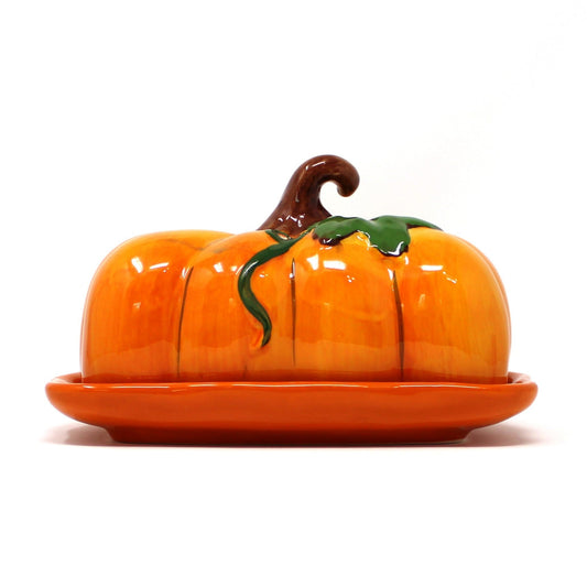 Butter Dish, Blue Sky, Pumpkin Shaped with Stem, Orange Ceramic, 2017