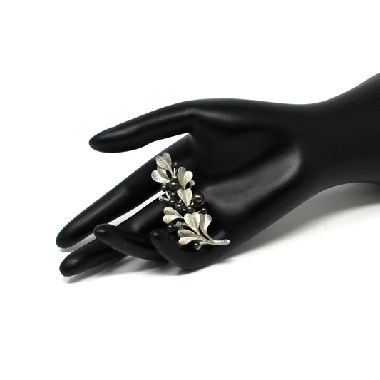 Brooch / Pin, Long Stem Silver Leaves Branch, Black Faux Pearls & AB Rhinestones, Vintage