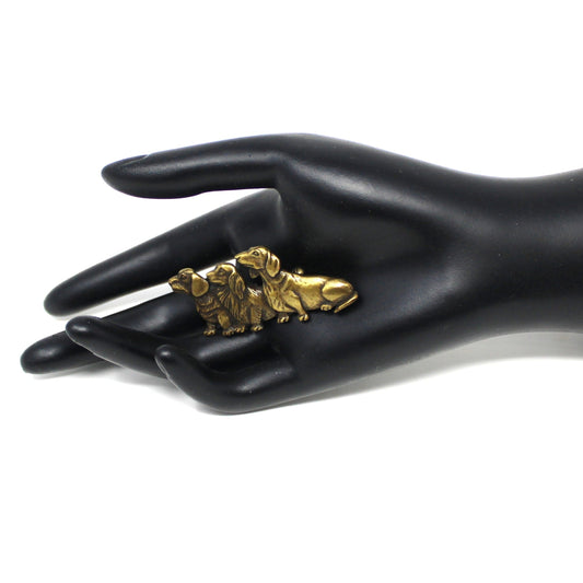 Brooch / Pin, JJ Jonette, Dachshund Dog Trio, Brass Tone, Vintage