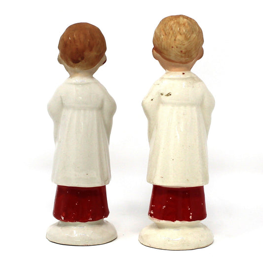 Figurines: Christmas Choir Boys, Red & White Gowns, Red Bow Ties, Hand Painted Porcelain, Wales Japan, Vintage 1950s–1960s, Set of 2