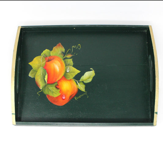 Tray, Hand Painted Apples on Wood Tray, Signed, Vintage
