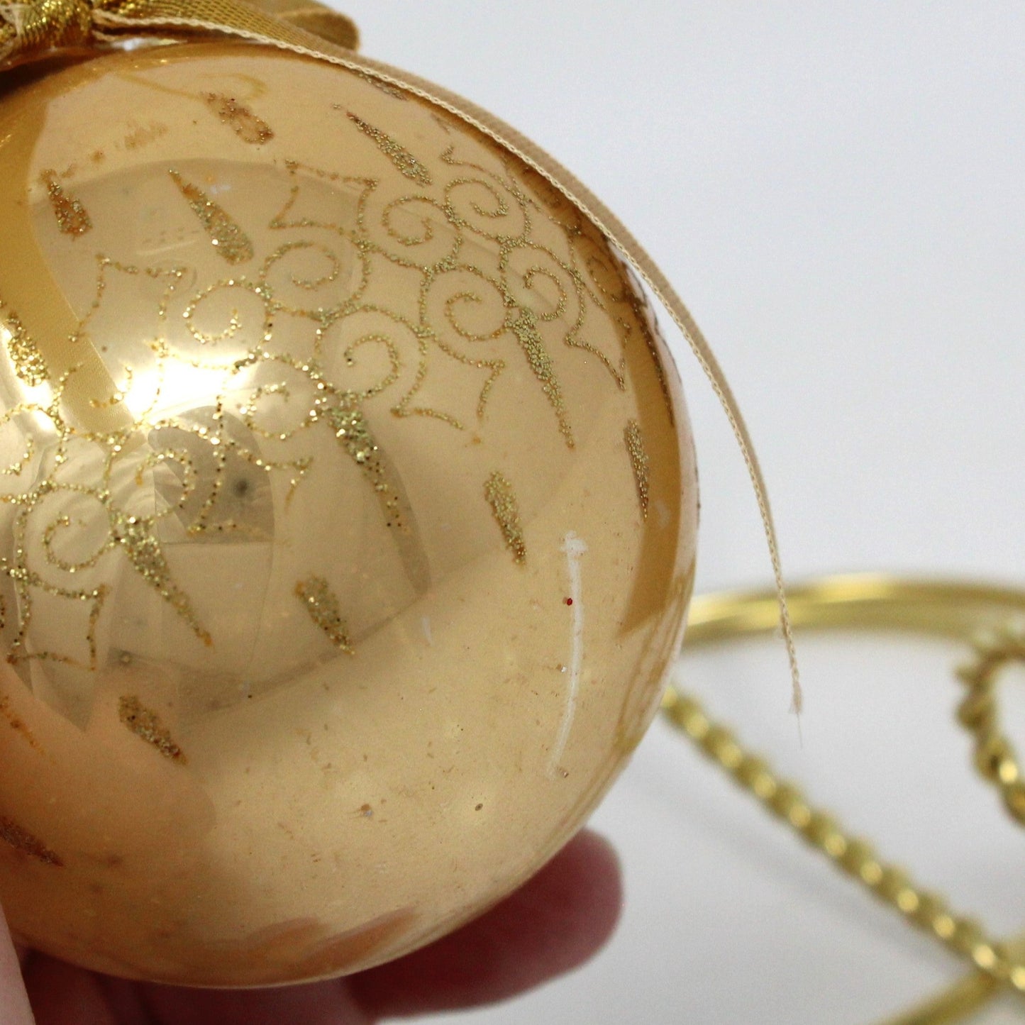 Ornaments, Glass Ball, Gold with Gold Ornate Glitter Swirls, 2", Christmas