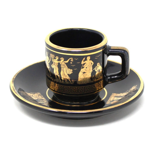 Demitasse & Saucer, Dagounis, 24K Gold & Black, Hand Made in Greece, Vintage