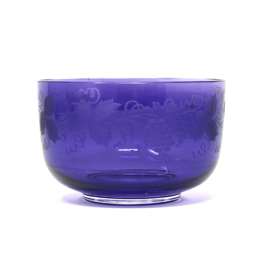 Vintage Purple Glass Etched Bowl, Decorative Amethyst Etched Grape Clusters with Leaves, Romanian Blown Glass