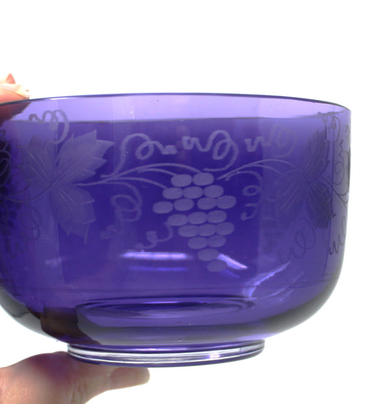 Bowl, Decorative Amethyst Glass, Etched Frosted Grape Clusters, Blown Glass, Romania, Vintage