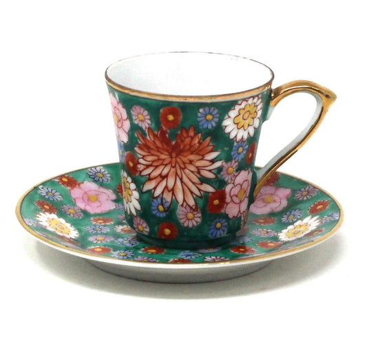 Demitasse & Saucer, Japanese Hand Painted Enamel Millefiori / Mille Fiori, Vintage