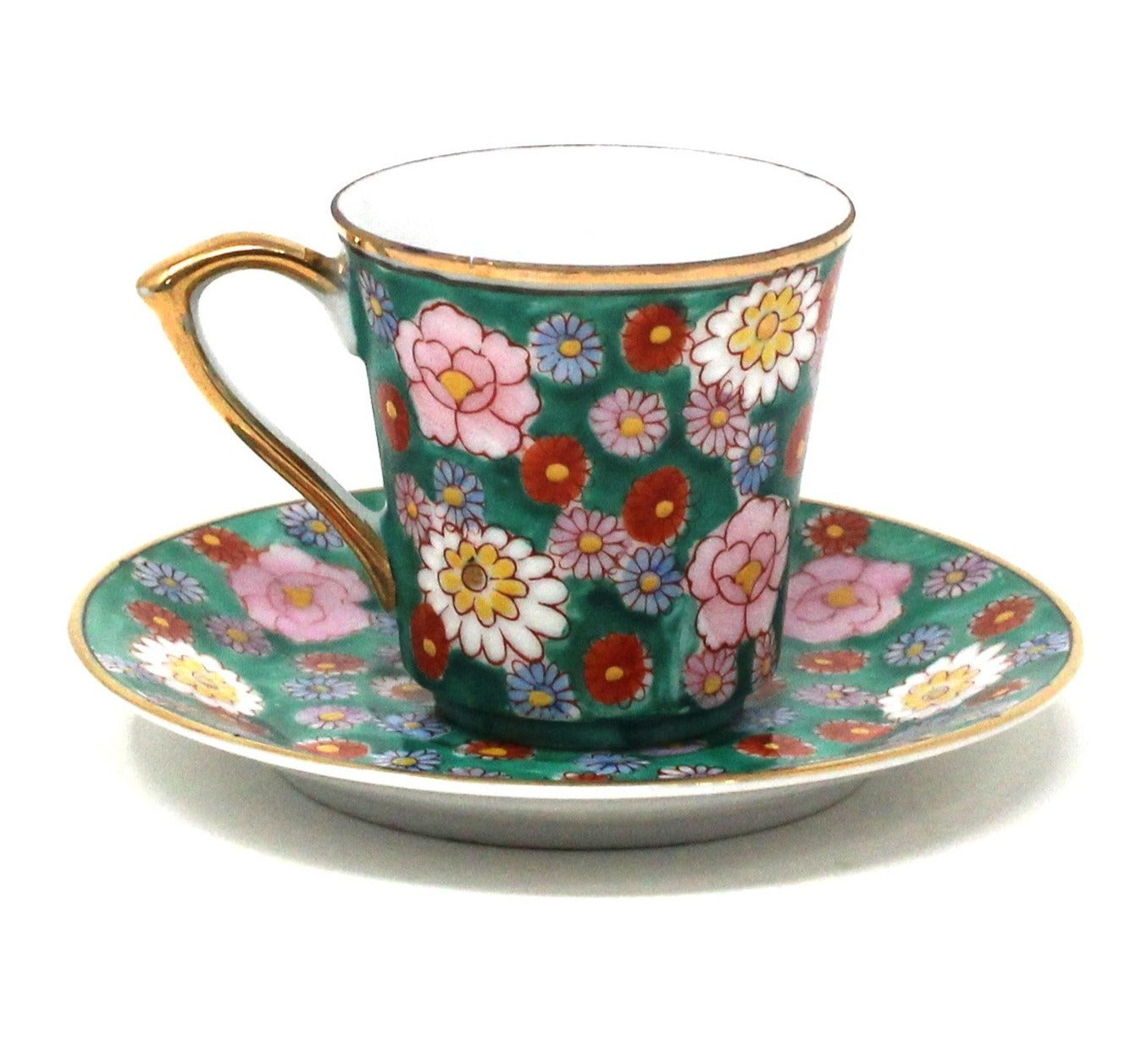 Demitasse & Saucer, Japanese Hand Painted Enamel Millefiori / Mille Fiori, Vintage