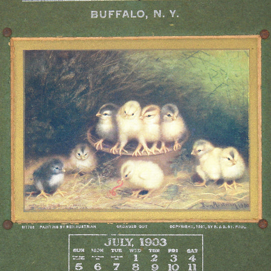 Calendar, Advertising Calendar, Original, Lumen Bearing Co, NY, Ben Austrian Chicks Print, Antique 1903