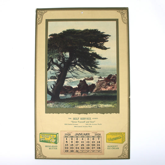 Vintage-style calendar with a scenic illustration of a tree and landscape on a white background.
