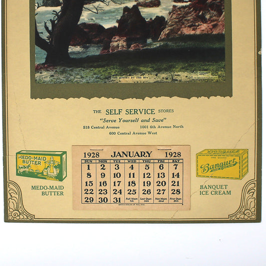 Calendar, Advertising Calendar, Original, Medo-Maid Butter & Banquet Ice Cream, Sentry by the Sea photogravure, Vintage 1928, 16"