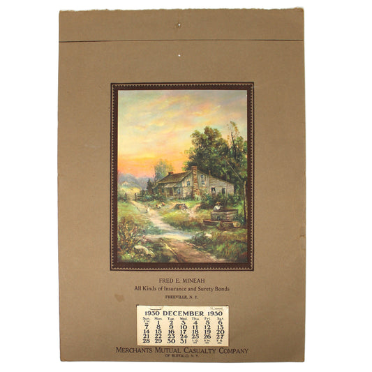 Calendar, Advertising Calendar, Original, Country Cabin at Sunrise Illustration, Vintage 1930, 16"