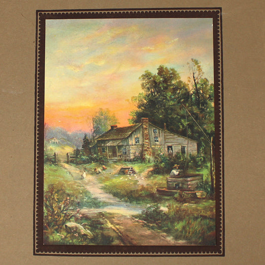 Calendar, Advertising Calendar, Original, Country Cabin at Sunrise Illustration, Vintage 1930, 16"