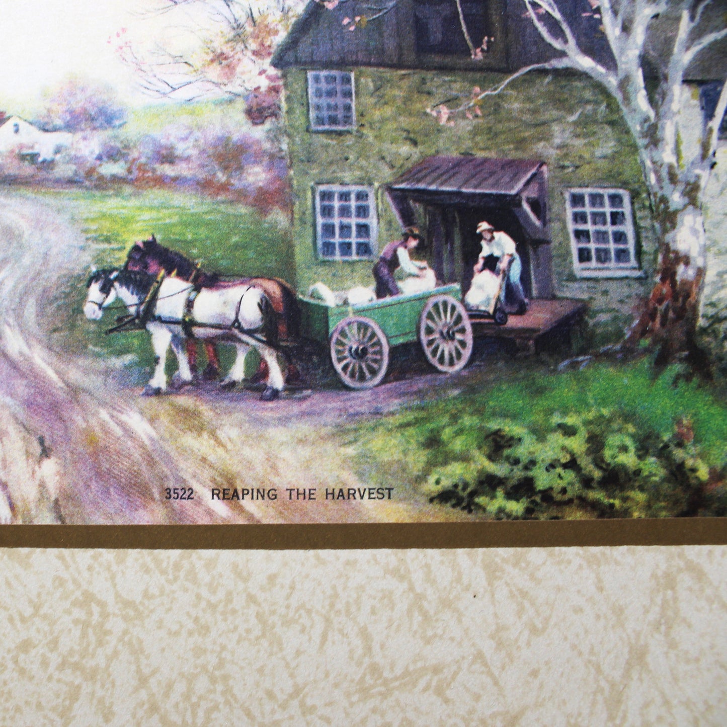 Print, Lithograph, Reaping the Harvest, Country Barn and Horse Drawn Cart on Dirt Road, Vintage