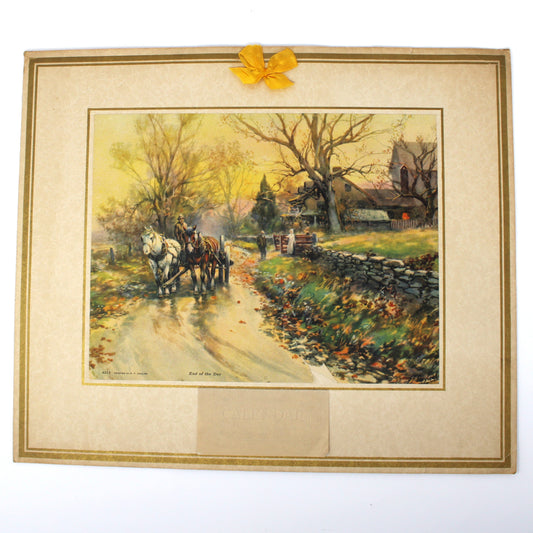Calendar, Original Salesman Sample, Lithograph, Country Landscape, Cabin and Horse Drawn Cart on Dirt Road, Frank F. English, 1927, 14"