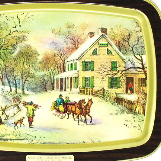 Tray, Currier & Ives Metal Tray, 1868 American Homestead Winter, Vintage
