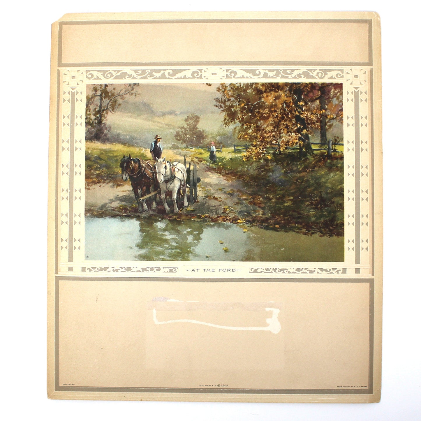 Vintage lithograph print by FF English, country landscape with horses at the river.