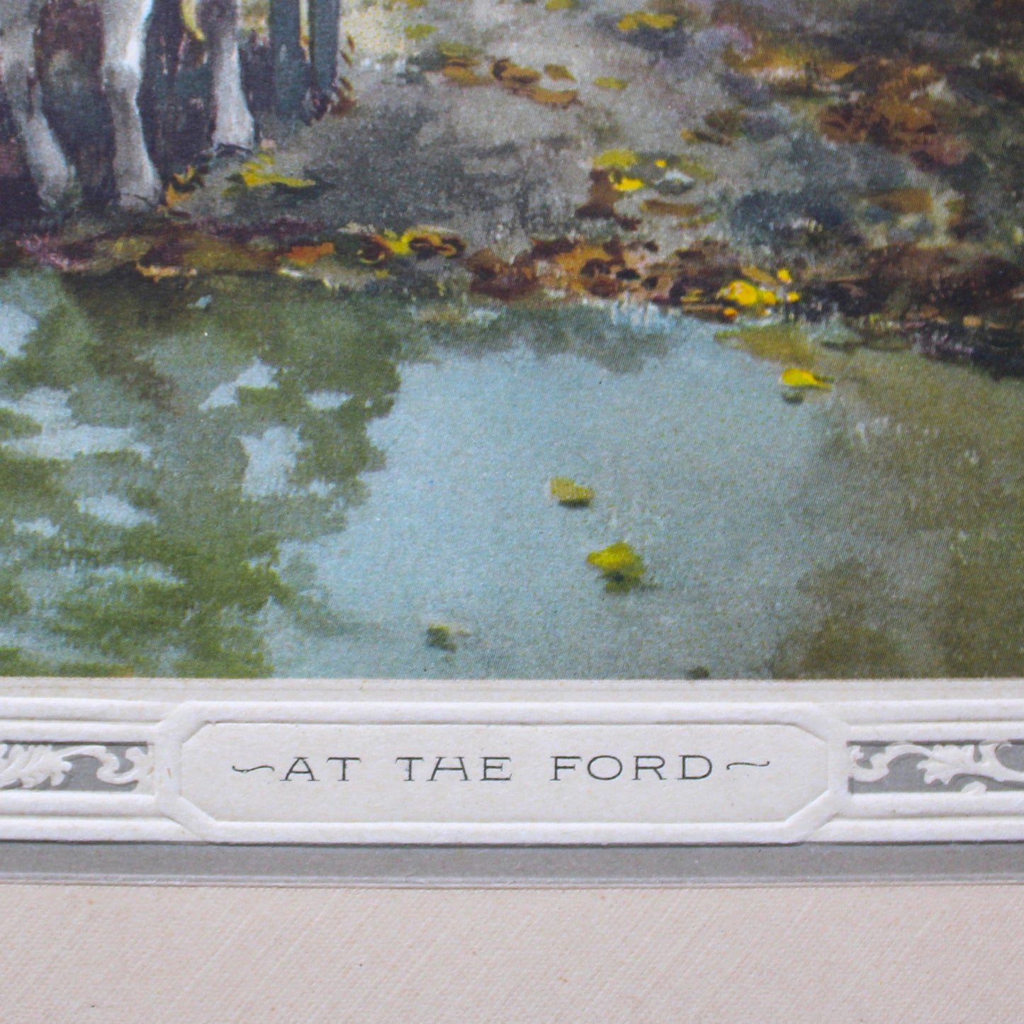 Print, Lithograph, At The Ford, Frank F. English Painting, Country Landscape, Horses Crossing at River, Vintage