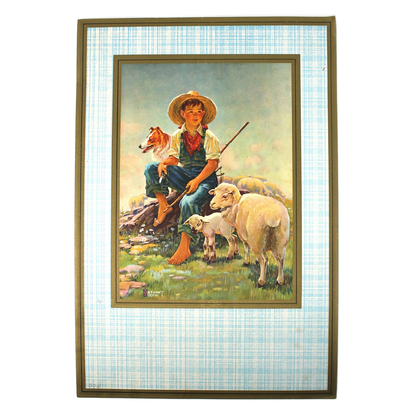 Framed artwork of a boy with a dog and sheep on a checkered background