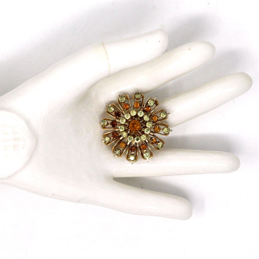 Brooch / Pin, Coro, Domed Amber & Citrine Rhinestones Starburst, Gold Tone, Vintage