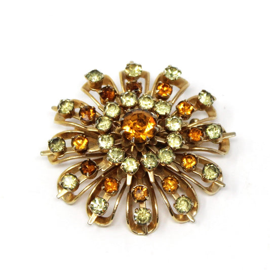 Brooch / Pin, Coro, Domed Amber & Citrine Rhinestones Starburst, Gold Tone, Vintage