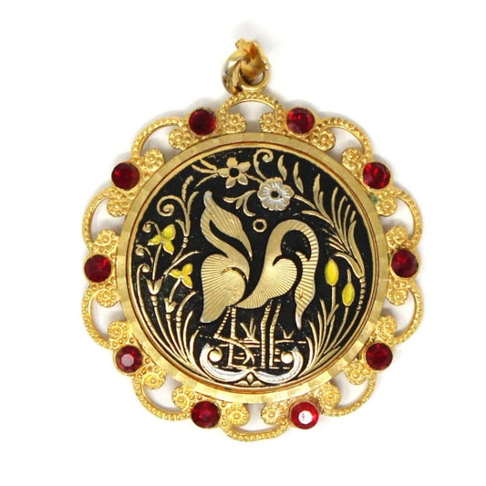 Pendant, Damascene Style, Gold Cranes, Vintage