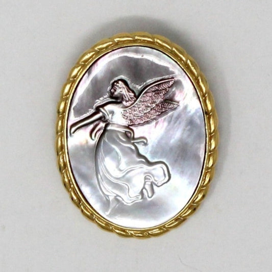 Brooch / Pin and Pendant, Abalone Angel Cameo, Gold Tone Oval
