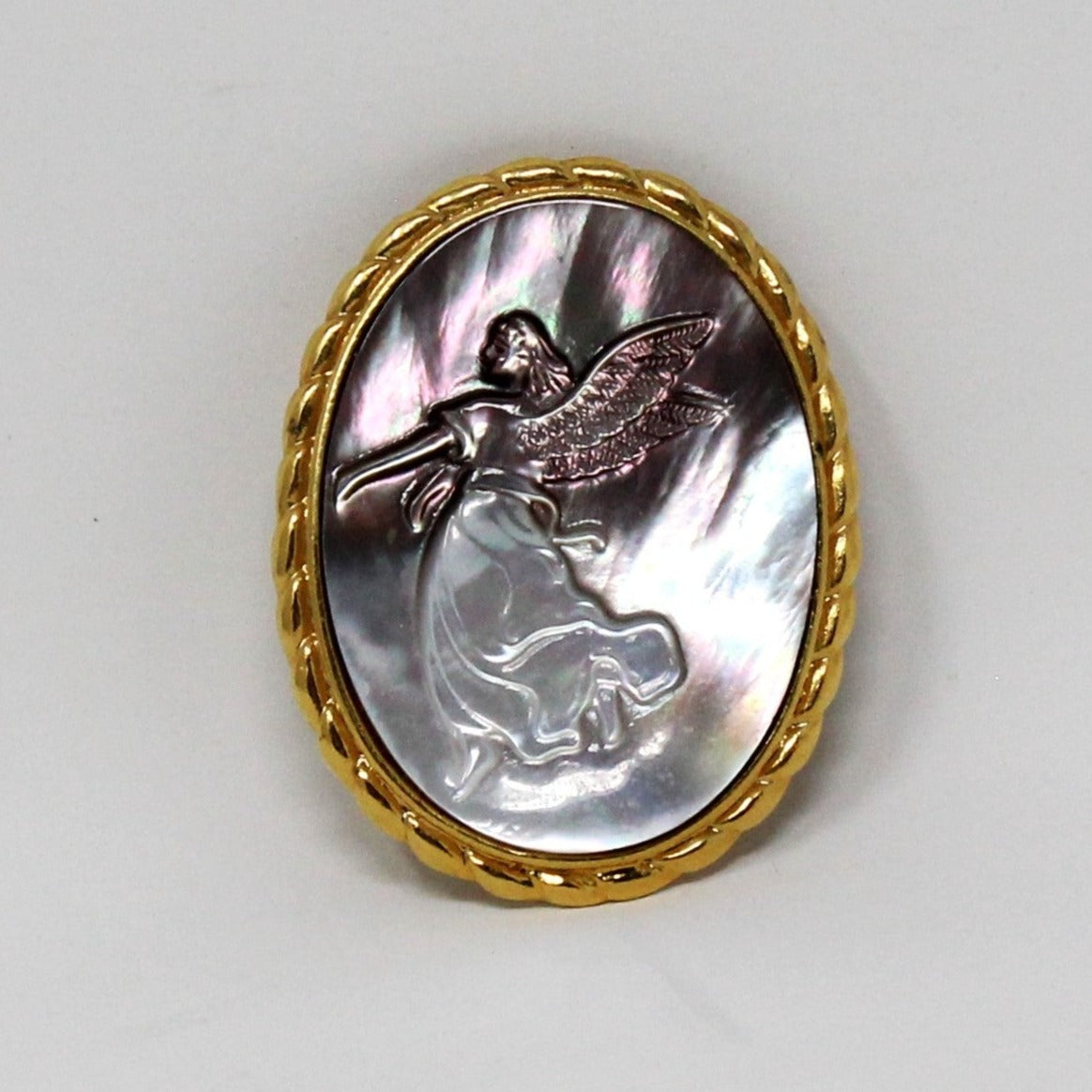 Brooch / Pin and Pendant, Abalone Angel Cameo, Gold Tone Oval