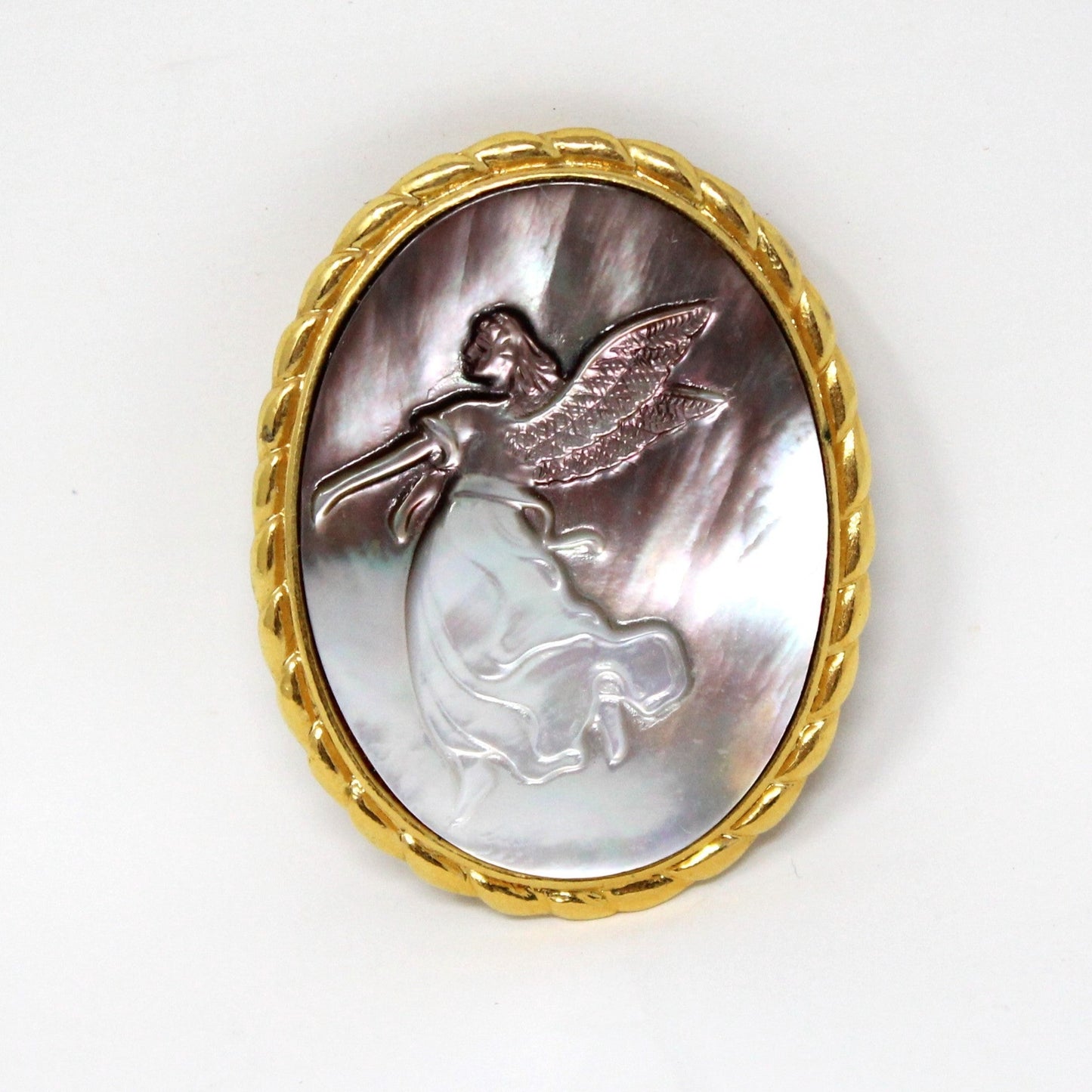 Brooch / Pin and Pendant, Abalone Angel Cameo, Gold Tone Oval