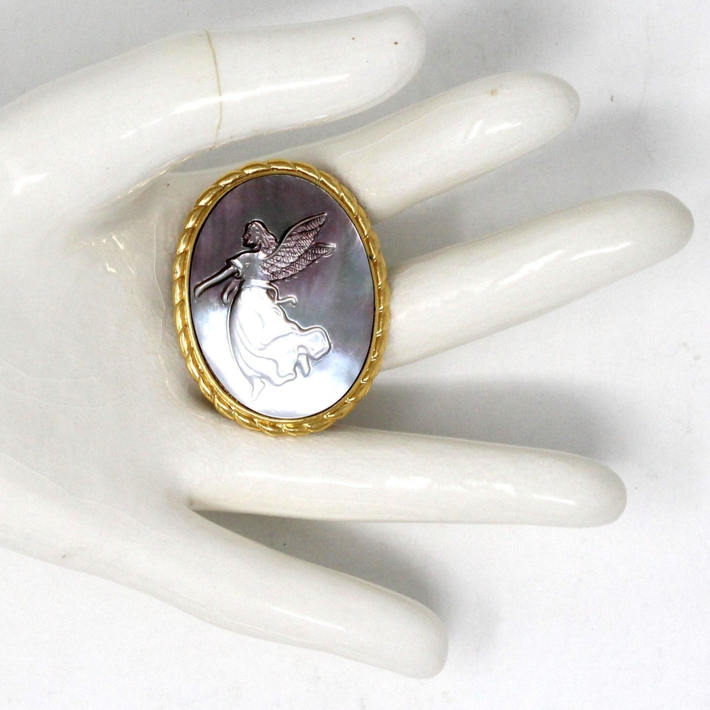 Brooch / Pin and Pendant, Abalone Angel Cameo, Gold Tone Oval