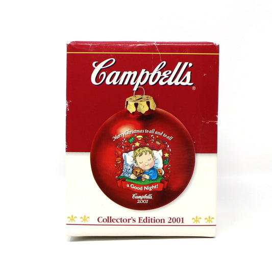 Ornaments, Campbell's, Christmas Red Glass Ball, Boy Sleeping with Teddy Bear, Collector's Edition 2001