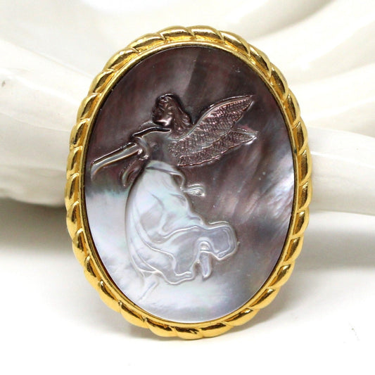 Brooch / Pin and Pendant, Abalone Angel Cameo, Gold Tone Oval
