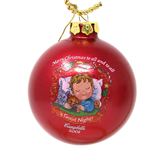 Ornaments, Campbell's, Christmas Red Glass Ball, Boy Sleeping with Teddy Bear, Collector's Edition 2001