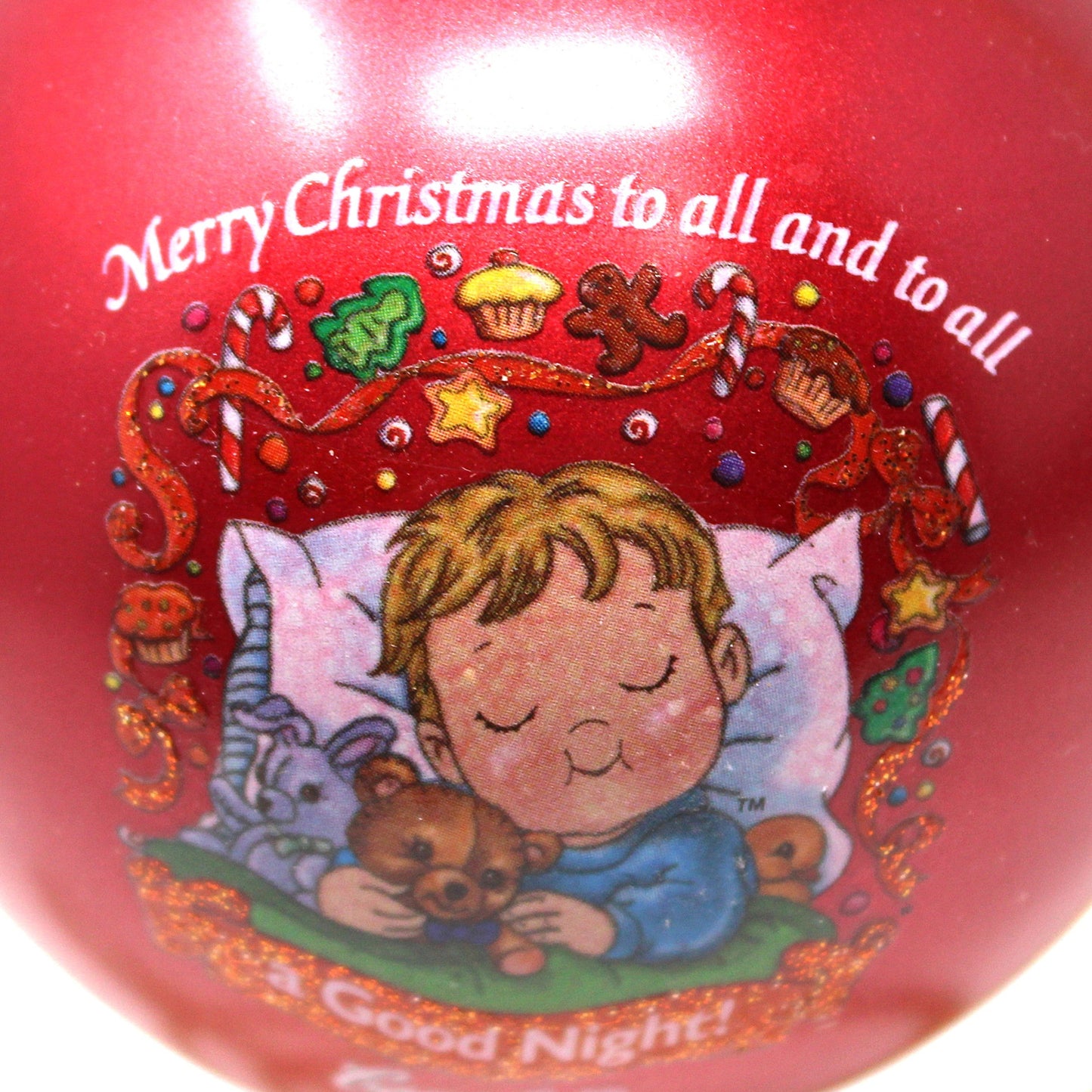 Ornaments, Campbell's, Christmas Red Glass Ball, Boy Sleeping with Teddy Bear, Collector's Edition 2001