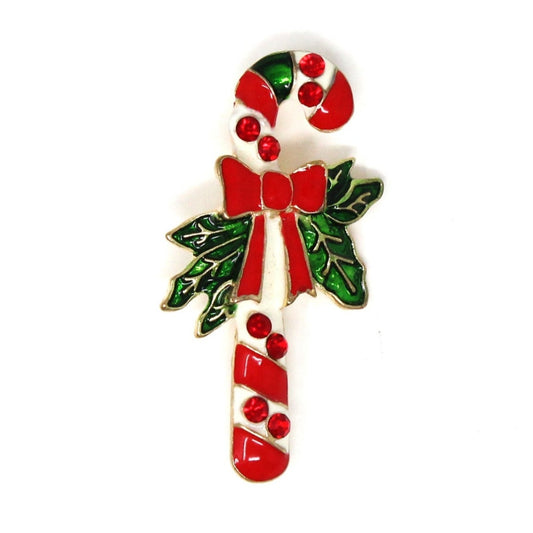 Brooch / Pin, Candy Cane Red Rhinestones, Red, White, Green Enamel, Vintage Christmas