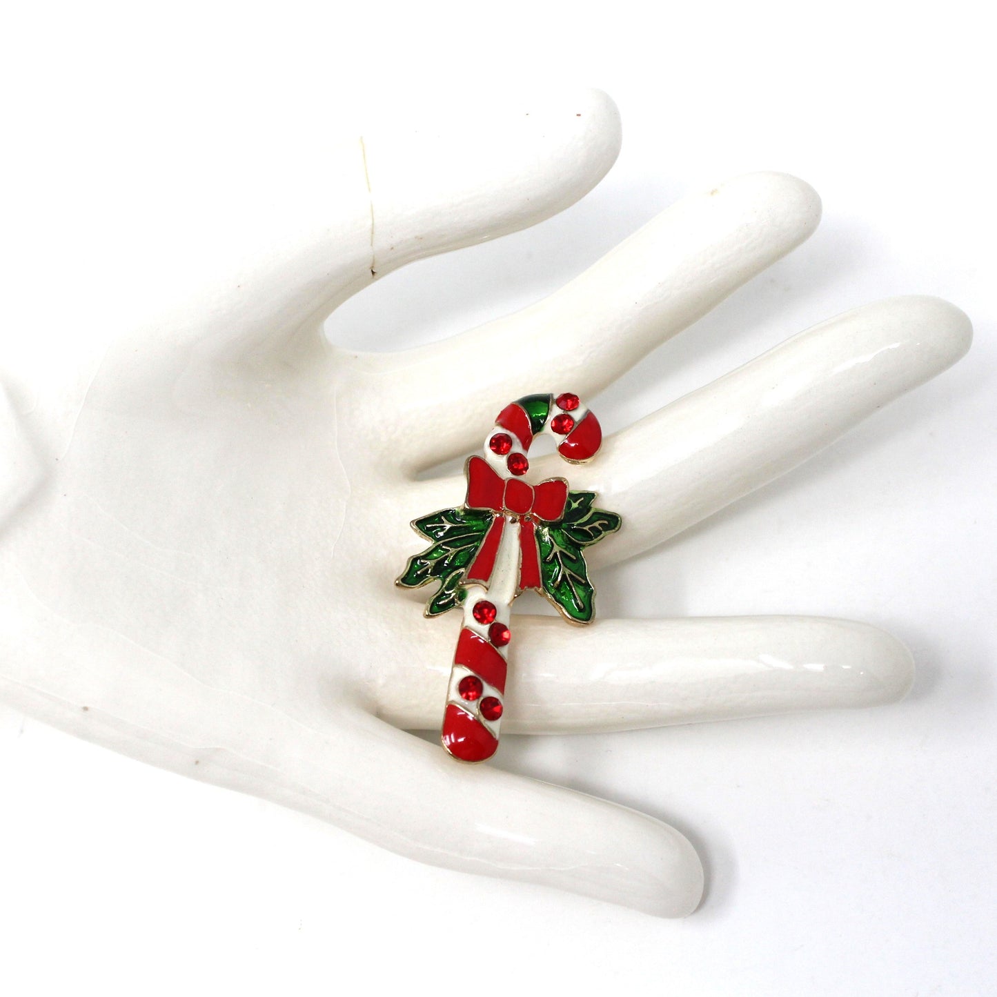 Brooch / Pin, Candy Cane Red Rhinestones, Red, White, Green Enamel, Vintage Christmas