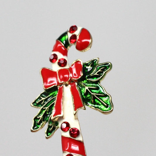 Brooch / Pin, Candy Cane Red Rhinestones, Red, White, Green Enamel, Vintage Christmas