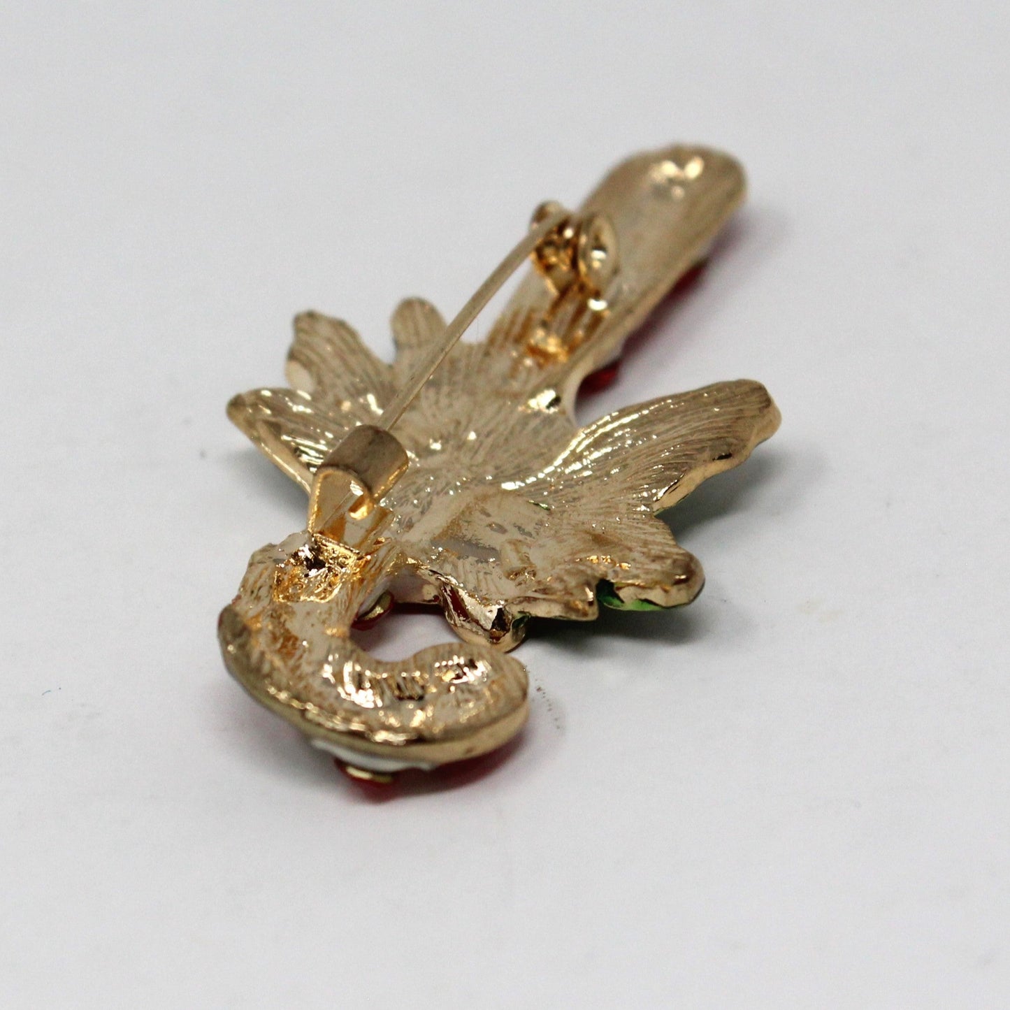 Brooch / Pin, Candy Cane Red Rhinestones, Red, White, Green Enamel, Vintage Christmas