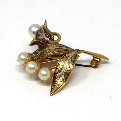 Brooch / Pin, Damascene Style, Floral with Faux Pearls, Vintage