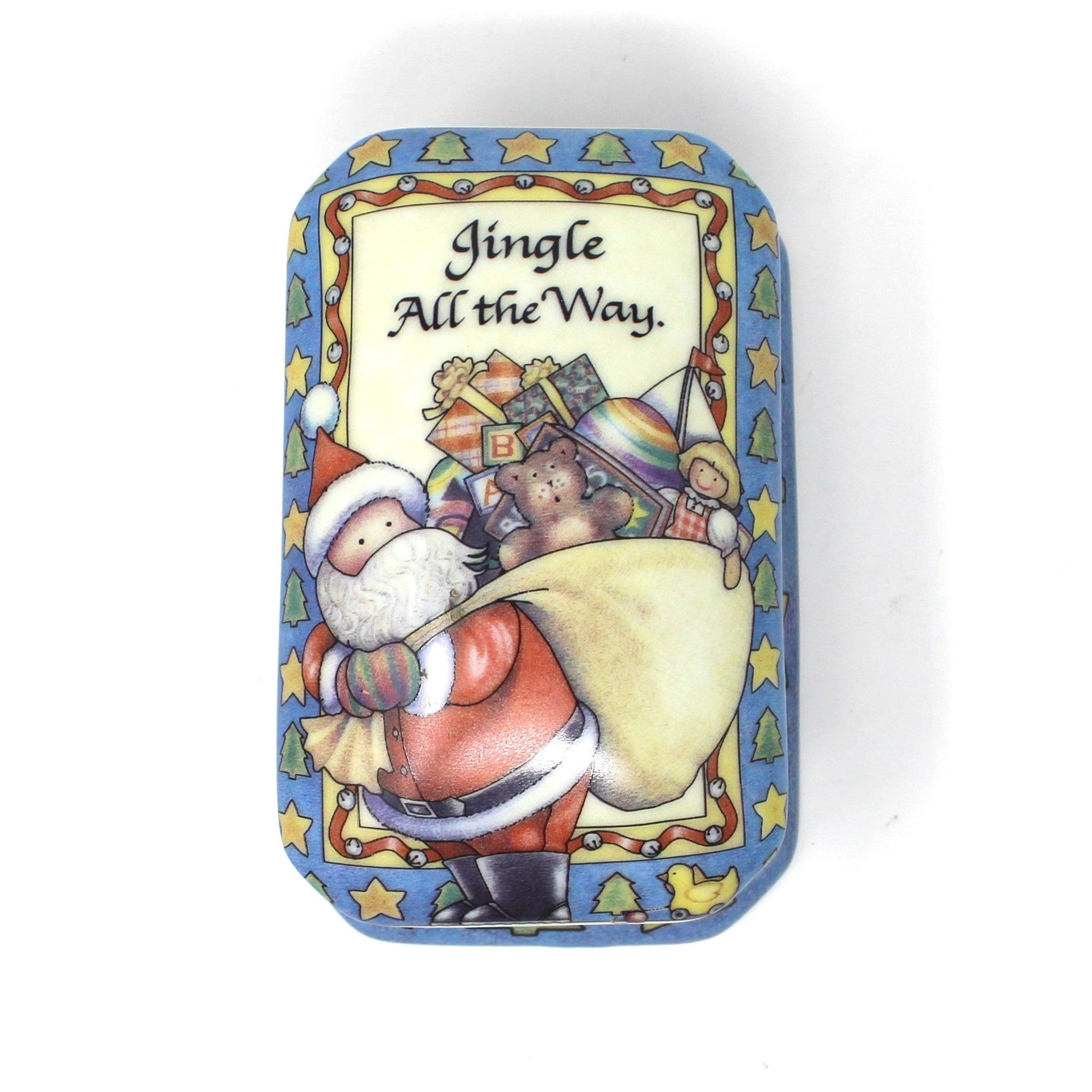 Vintage Trinket Box, Santa with Toys Design by Suzanne Cruise, "Jingle All The Way", Porcelain, Christmas Decor.