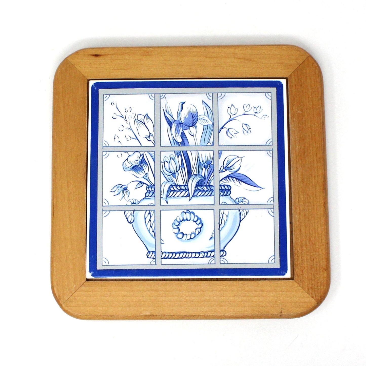 Trivets, Good Wood, Blue & White Ceramic Floral Tile Set of 2, Vintage