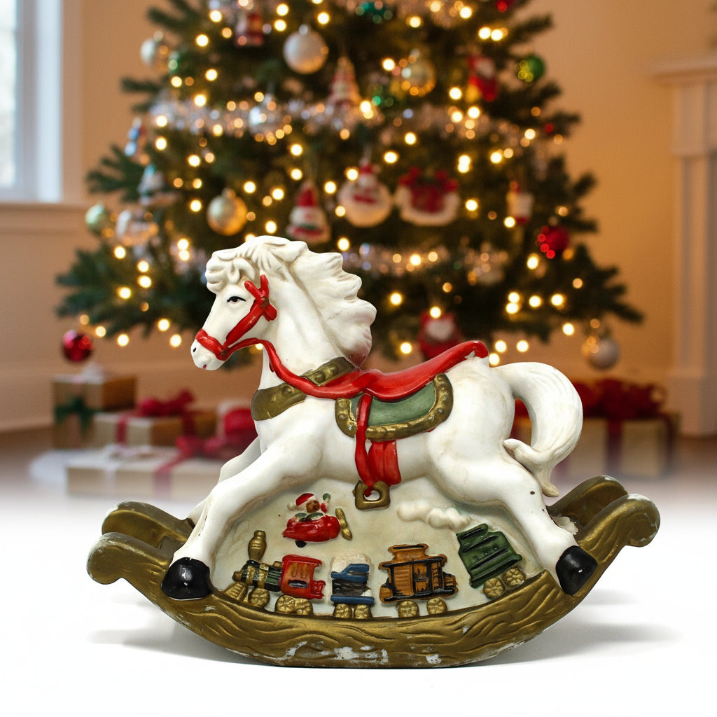 Night Light / Accent Light, Christmas Rocking Horse Light Up Figurine, Porcelain Bisque, Vintage