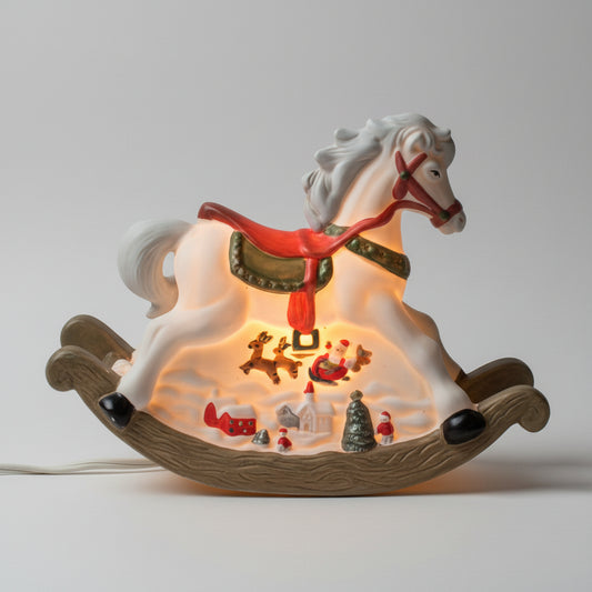 Night Light / Accent Light, Christmas Rocking Horse Light Up Figurine, Porcelain Bisque, Vintage