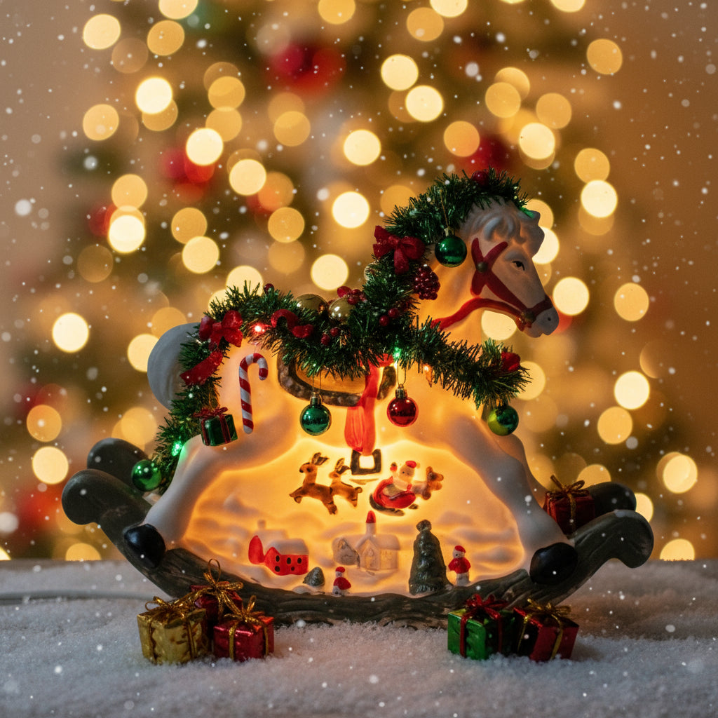 Night Light / Accent Light, Christmas Rocking Horse Light Up Figurine, Porcelain Bisque, Vintage