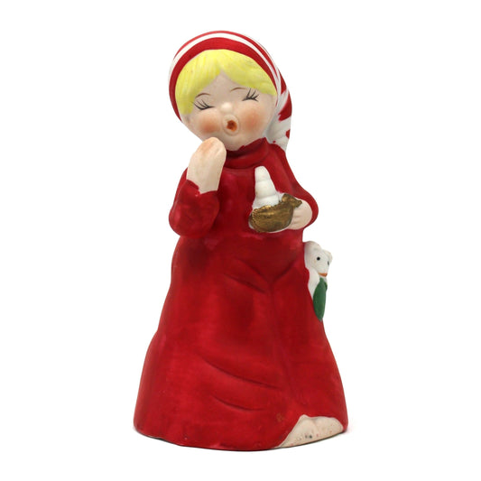 Vintage Bell, Jasco Merri-Bells, Titled "Bedtime", Christmas Sleepy Child with Candle, Bisque Porcelain Hand Painted  Figural Girl Yawning