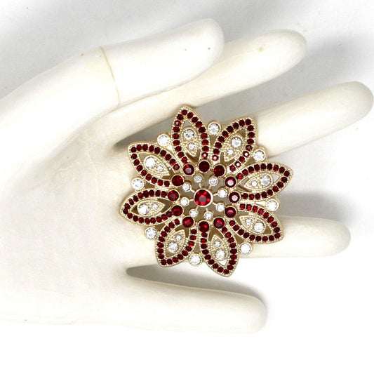 Brooch / Pin, Monet, Christmas Poinsettia Flower, Red & Clear Rhinestones, SOLD