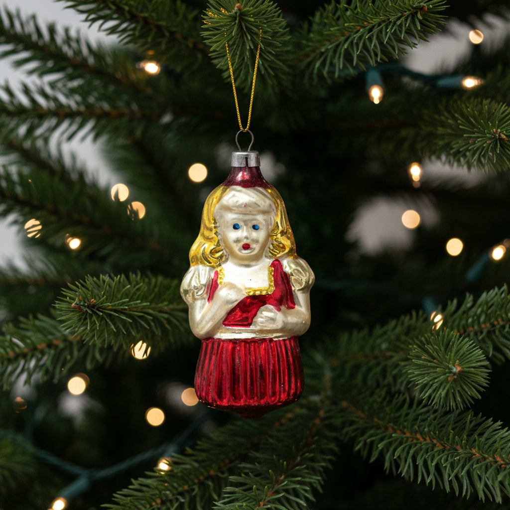 Ornaments, Mercury Blown Glass, Figural Girl in Red Dress, Goldilocks, Vintage Czechoslovakia