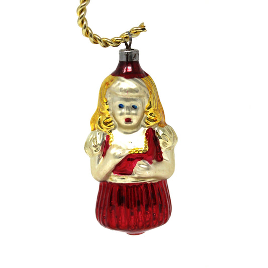 Ornaments, Mercury Blown Glass, Figural Girl in Red Dress, Goldilocks, Vintage Czechoslovakia
