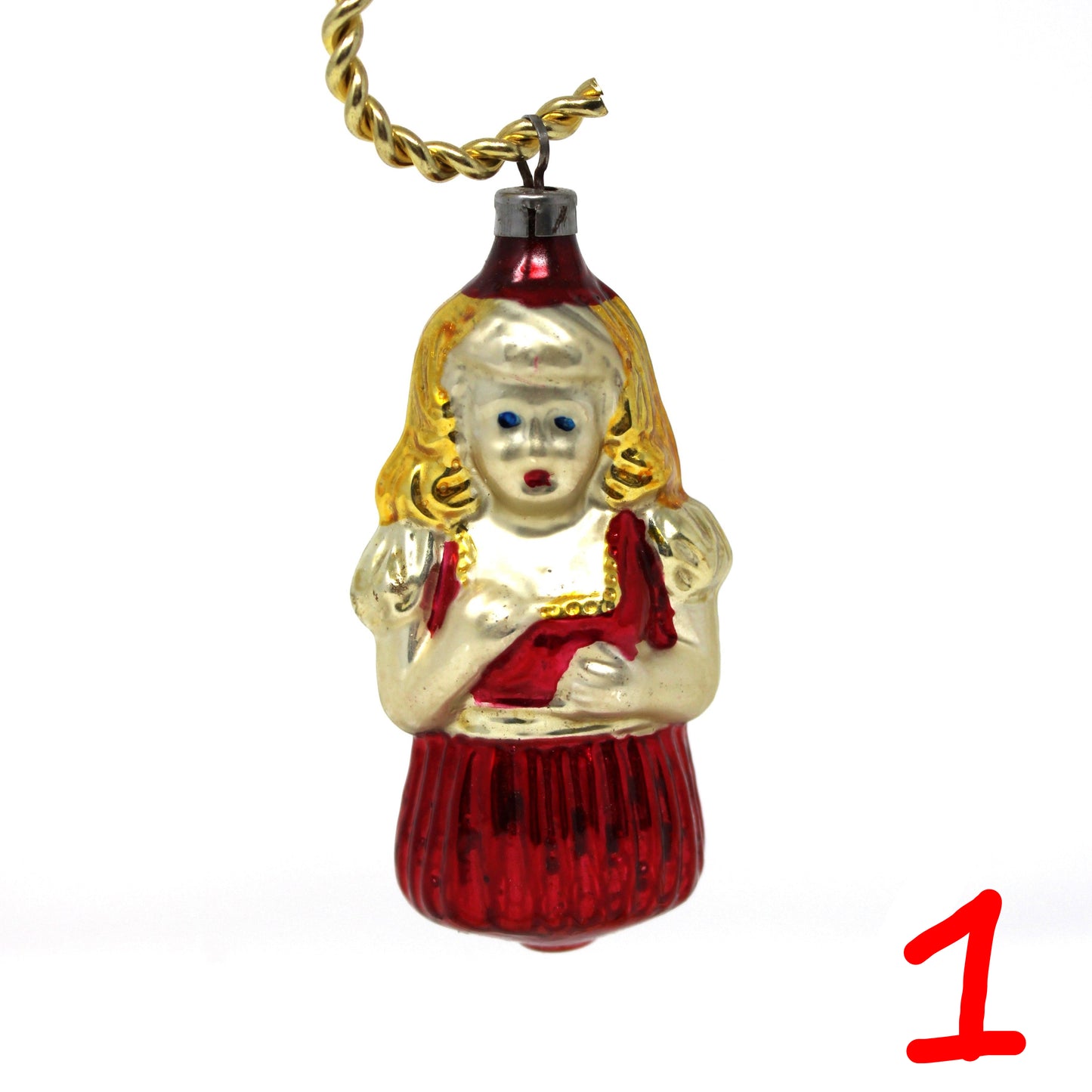 Ornaments, Mercury Blown Glass, Figural Girl in Red Dress, Goldilocks, Vintage Czechoslovakia