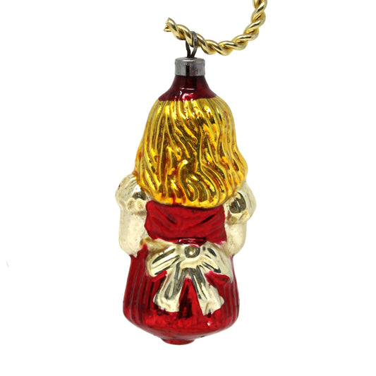 Ornaments, Mercury Blown Glass, Figural Girl in Red Dress, Goldilocks, Vintage Czechoslovakia
